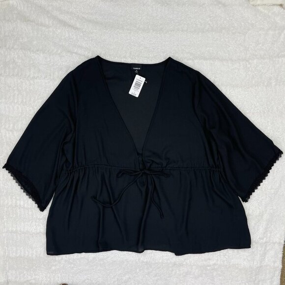 NEW Torrid Surplice Babdoll Top 3 3X NWT Black Sheer Deep V-Neck Tie Waist - Picture 2 of 7